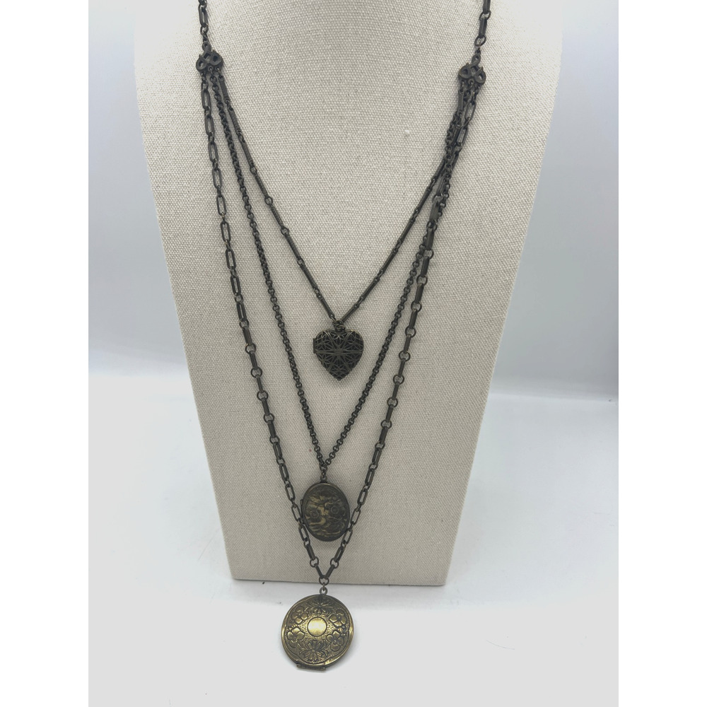 Ben-Amun Triple‎ Locket Necklace Victorian Revival Boho Brass Floral Layered